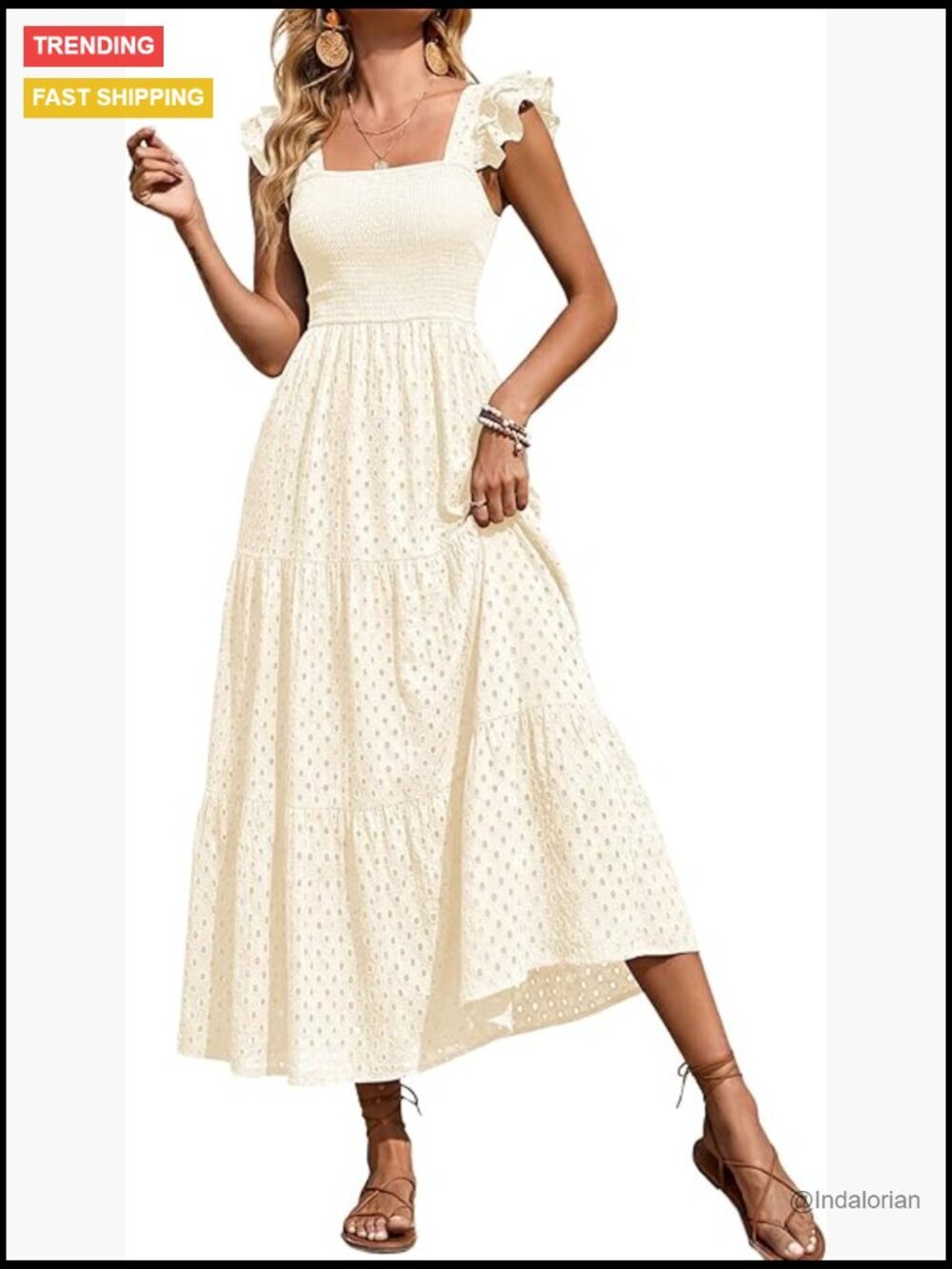 Square Neck Maxi Dress with Pockets Cap Sleeve Eyelet Smocked A-Line